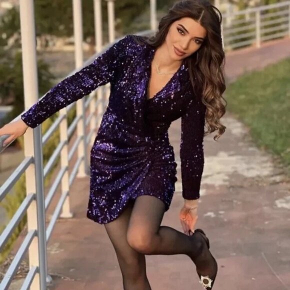 Zara Festive Sequin Blazer Dress Long Sleeve Collar Purple Blogger Fav Size XS - Picture 2 of 9
